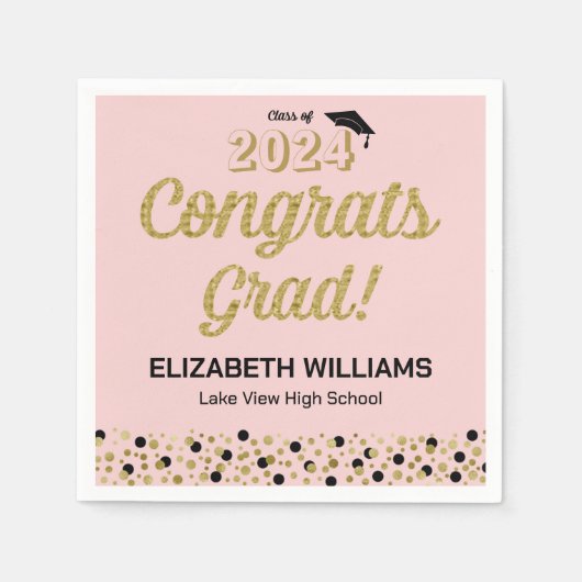 Serviette En Papier Gold Script Confetti Congrats Grad Pink Napkin (Devant)