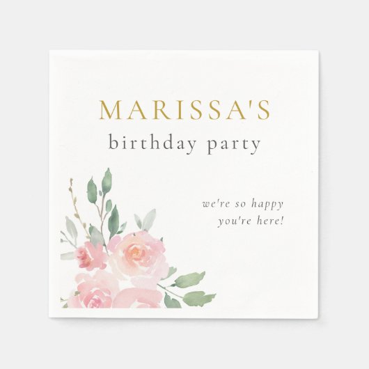 Serviette En Papier Gold Script peint Floral fête d'anniversaire (Devant)