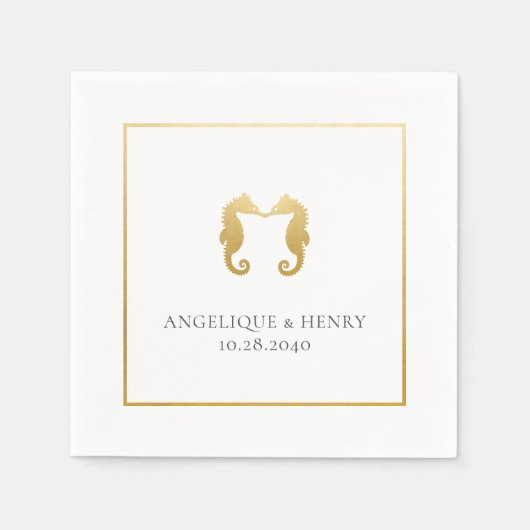 Serviette En Papier Gold Seahorse Plage personnalisée Mariage (Devant)