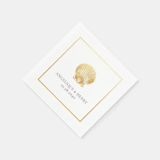 Serviette En Papier Gold Seashell Personnalisé Noms Plage Mariage (Coin)