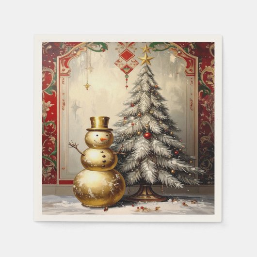 Serviette En Papier Gold Snowman Christmas Tree Holiday Napkin (Devant)