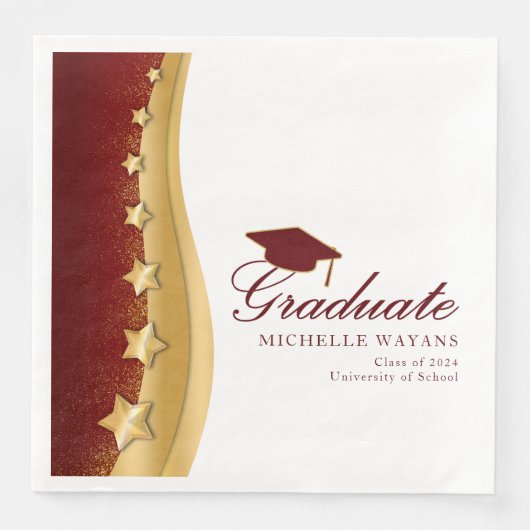 Serviette En Papier Gold Stars Red Casquette Graduation Party (Devant)