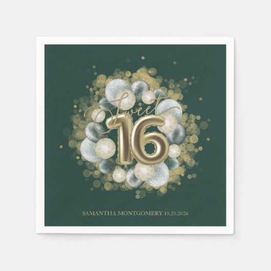 Serviette En Papier Gold Sweet 16 Anniversaires Balloons Party Emerald (Devant)
