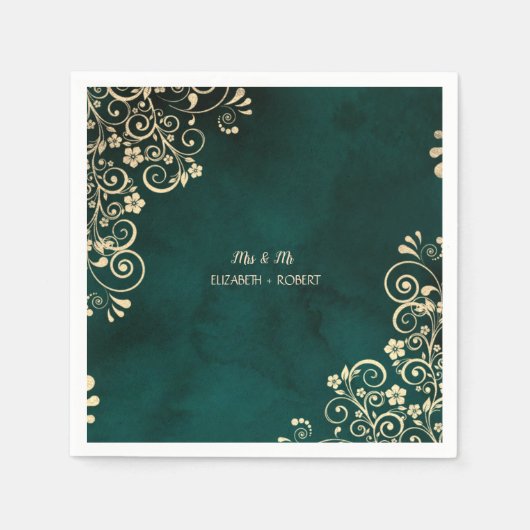 Serviette En Papier Gold Swirls Emerald Green Wedding  (Devant)
