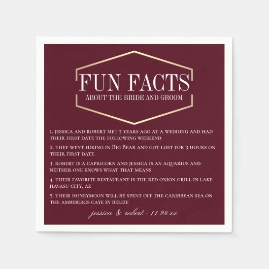 Serviette En Papier Golden Burgundy Fun Facts Personnalisé (Devant)