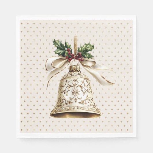 Serviette En Papier Golden Christmas Bell Shiny Stars Green Feuilles (Devant)