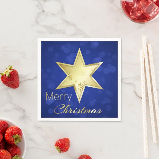 Serviette En Papier Golden Christmas Star Blue Bokeh (En situation)