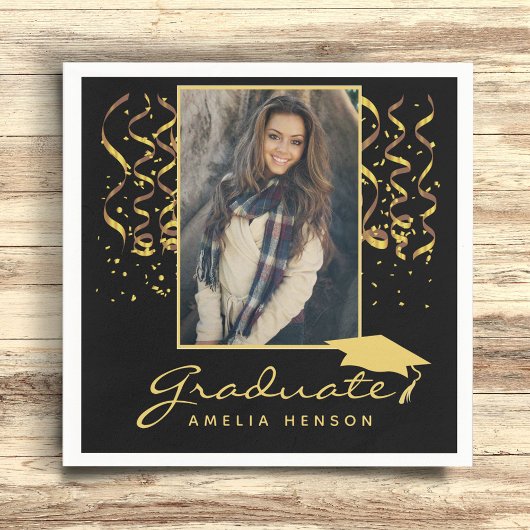 Serviette En Papier Golden Confetti Black Graduate Photo