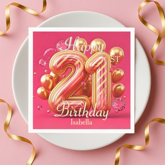Serviette En Papier Golden Pink Glam Chic 21st Birthday Balloons