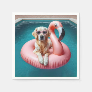 Serviette En Papier Golden Retriever avec jouet de piscine Flamingo
