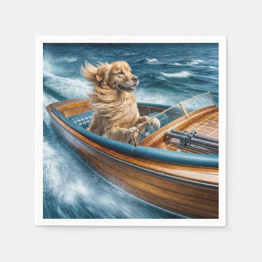 Serviette En Papier Golden Retriever Conduisant Un Vieux Motorboat (Devant)