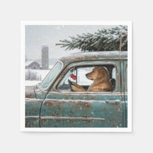 Serviette En Papier Golden Retriever dans une voiture rétro avec un pi