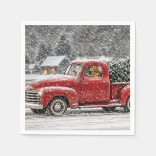Serviette En Papier Golden Retriever de Noël dans un pick-up rétro