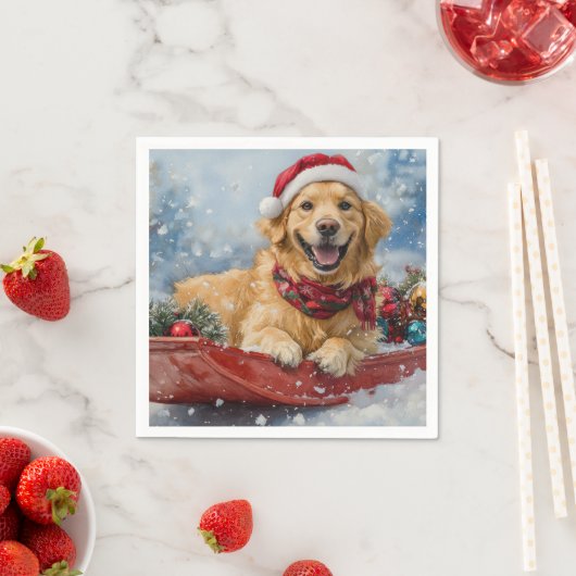 Serviette En Papier Golden Retriever Dog in Sledge neige Noël (En situation)