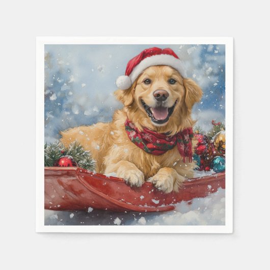 Serviette En Papier Golden Retriever Dog in Sledge neige Noël (Devant)
