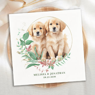 Serviette En Papier Golden Retriever Moderne Botanique Floral Mariage