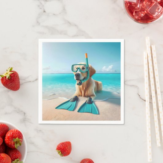 Serviette En Papier Golden Retriever portant tuba et palmes (En situation)