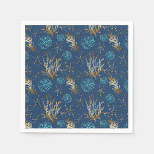 Serviette En Papier Golden Starfish & Coral Reef Motif sur Blue