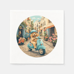 Serviette En Papier Goldendoodle Chien à scooter dans les rues europée