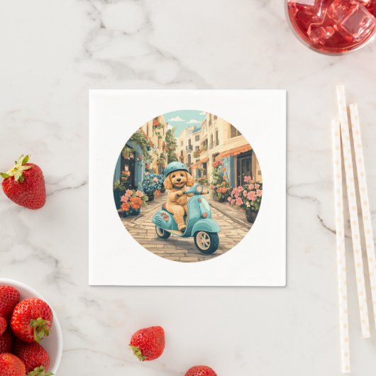 Serviette En Papier Goldendoodle Dog Riding Scooter European Streets (En situation)
