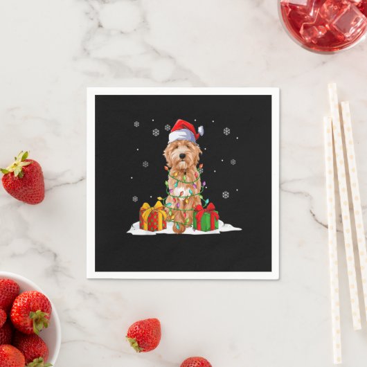Serviette En Papier Goldendoodle Père Noël Christmas Tree Lumières Noë (En situation)