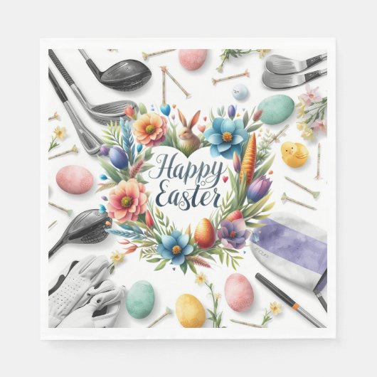 Serviette En Papier Golf Easter eggs balls and flower and equipment (Devant)