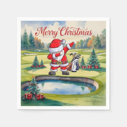 Serviette En Papier Golf Joyeux Noël avec le Père Noël (Devant)