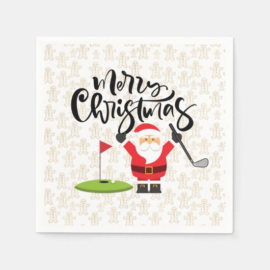 Serviette En Papier Golf Joyeux Noël avec Père Noël sur gingembre d'or (Devant)