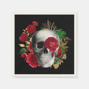 Serviette En Papier Goth Crâne avec Fleurs rouges et Feuilles d'or