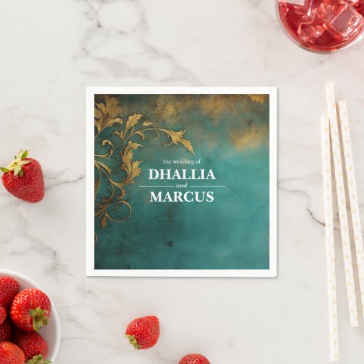 Serviette En Papier Goth Floral Turquoise Et Or (En situation)