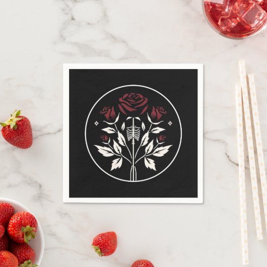 Serviette En Papier Gothique Skeleton Rib Roses Noir Elégant Mariage (En situation)