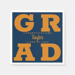 Serviette En Papier GRAD gras   Orange on Navy Graduation Paper Napkin