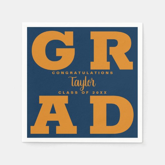 Serviette En Papier GRAD gras | Orange on Navy Graduation Paper Napkin (Devant)