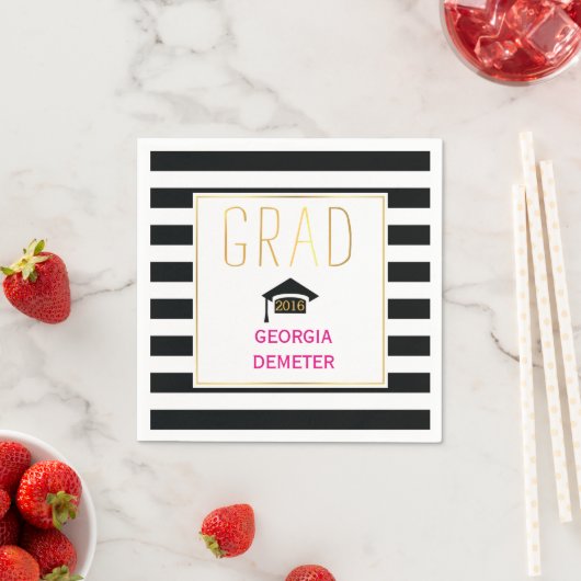 Serviette En Papier Grad or noir, rayures blanches brillant rose (En situation)