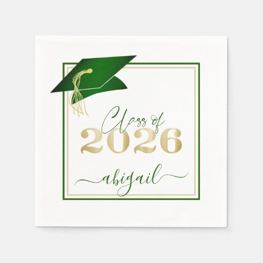 Serviette En Papier Graduation 2025 Faux Metallic Green Gold Script (Devant)