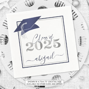 Serviette En Papier Graduation 2025 Faux Metallic Navy Argent Script