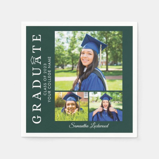 Serviette En Papier Graduation 2025 Photo Collage Green Grad Party (Devant)
