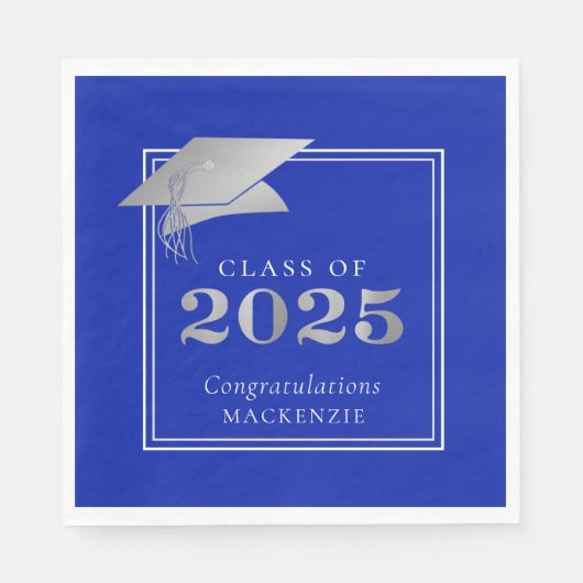 Serviette En Papier Graduation 2025 Royal Blue Faux Silver (Devant)