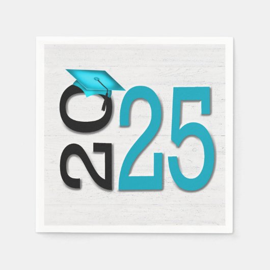 Serviette En Papier Graduation 2025 Turquoise et noir sur bois (Devant)