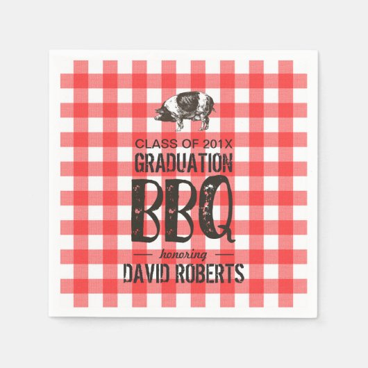 Serviette En Papier Graduation BBQ Party Red En vichy Pig Roast (Devant)
