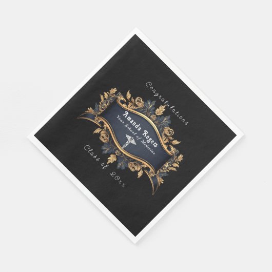 Serviette En Papier Graduation Caduceus Elégant Noir Or Blanc (Coin)