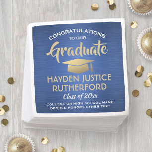 Serviette En Papier Graduation Congrats Brossé Moderne Bleu Or Blanc