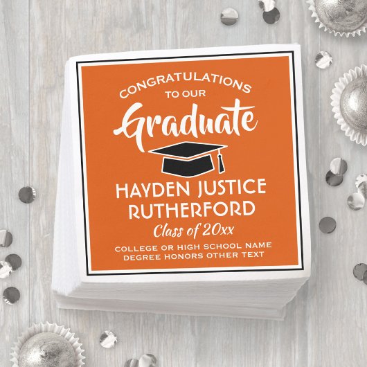 Serviette En Papier Graduation Congrats Moderne Orange Blanc et Noir