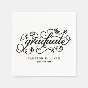 Serviette En Papier Graduation du script floral noir Whimsical