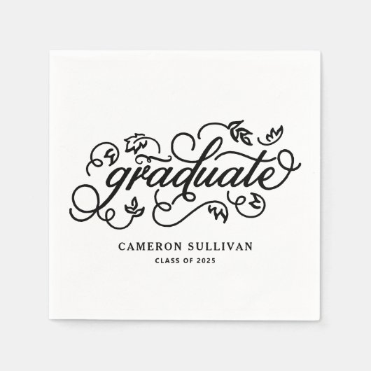 Serviette En Papier Graduation du script floral noir Whimsical (Devant)