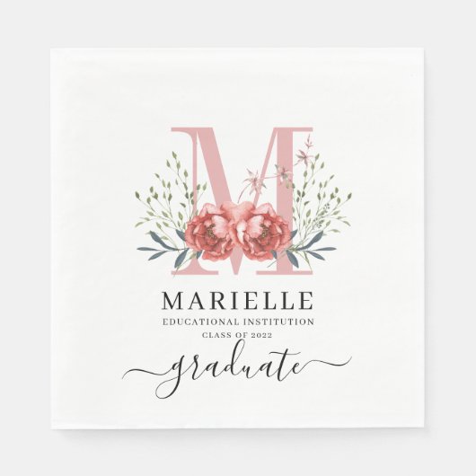 Serviette En Papier Graduation Floral Monogramme Logo Papier de fête N (Devant)