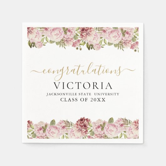 Serviette En Papier Graduation Florale Rose Noir Et Or Script (Devant)