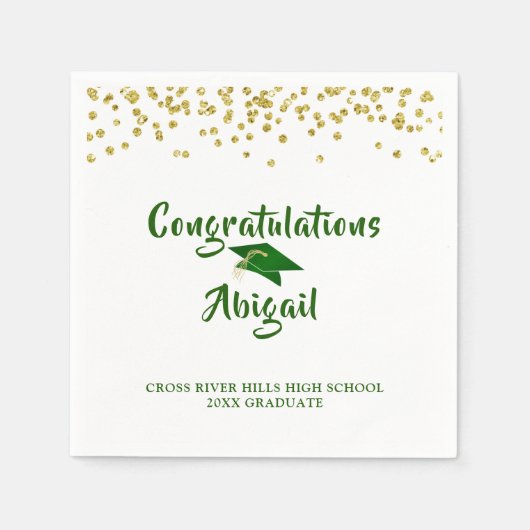 Serviette En Papier Graduation Green Gold Confetti Brush Script (Devant)