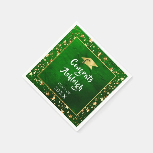 Serviette En Papier Graduation Green Gold Stars Brush Script (Coin)
