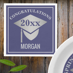 Serviette En Papier Graduation Marine Blue Silver Casquette Félicitati